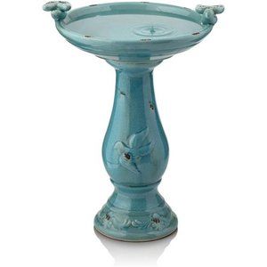 25"Tall Outdoor Ceramic Antique Pedestal Birdbath with 2Bird Figurines,Turquoise